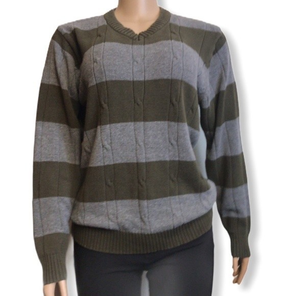 Vintage Oscar de la Renta Sweater striped V Neck Green gray size Medium - Picture 1 of 16